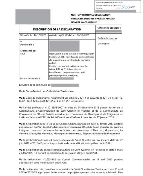 Arrêté de non-opposition à déclaration préalable – document anonymisé